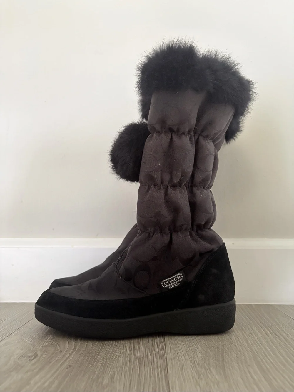 Coach Black Quilted Pull-On Winter Boots with Fur Pom Trim